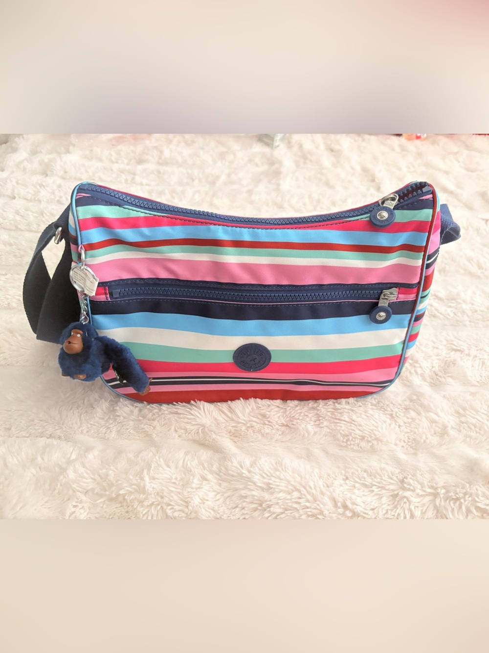 Kipling Multi-Color Striped Crossbody Bag with Plush Key Charm